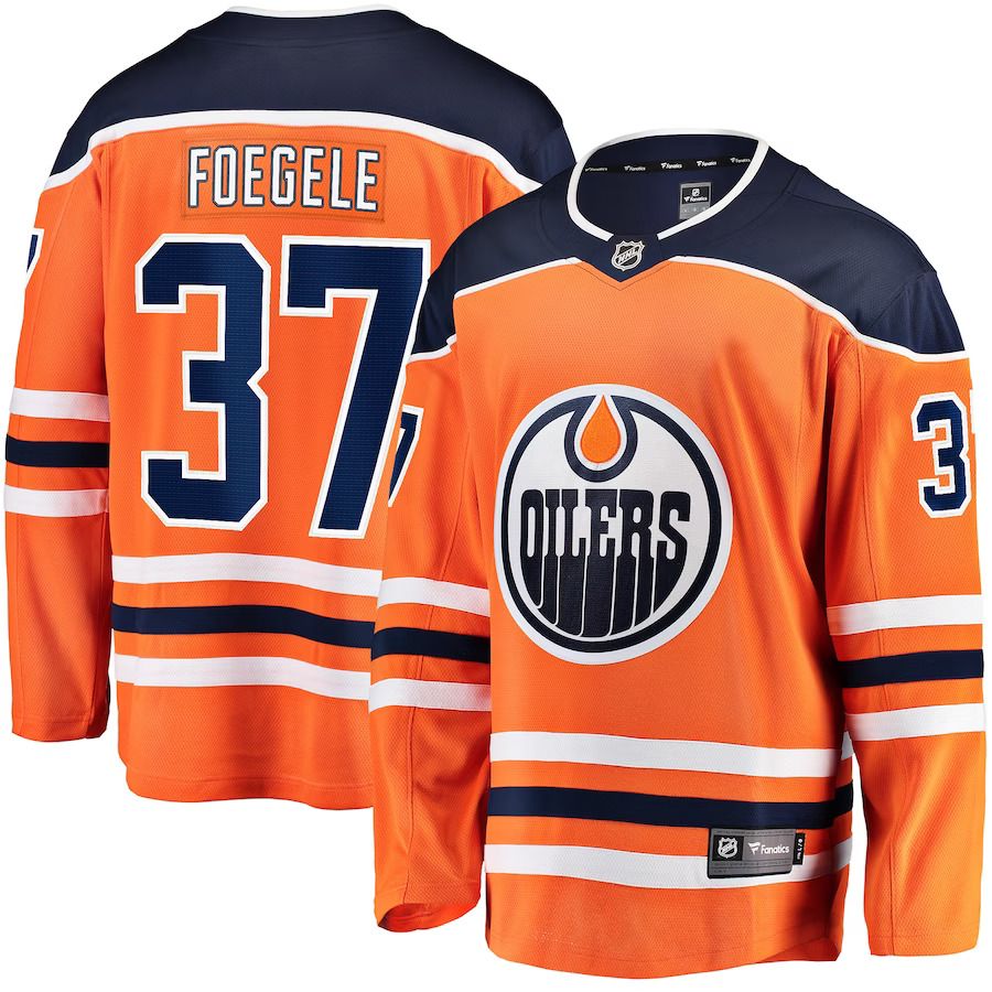 Men Edmonton Oilers 37 Warren Foegele Fanatics Branded Orange Home Breakaway Player NHL Jersey